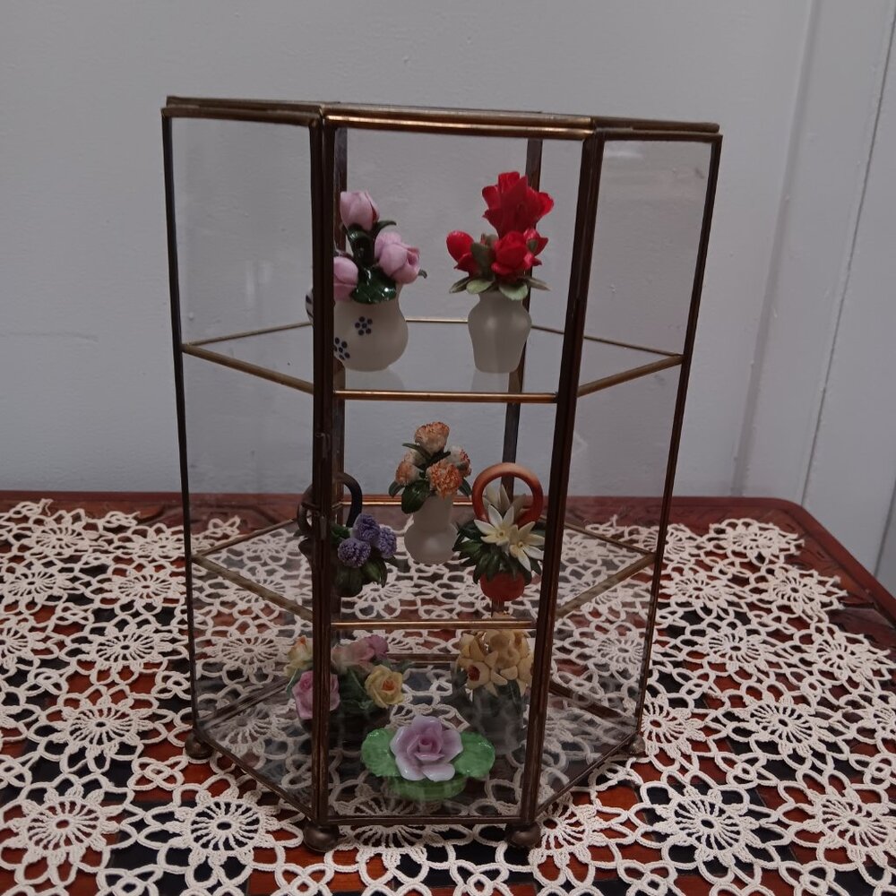 Porcelain Flower Arrangements Vintage Brass Glass Box Glass Brass Display Box